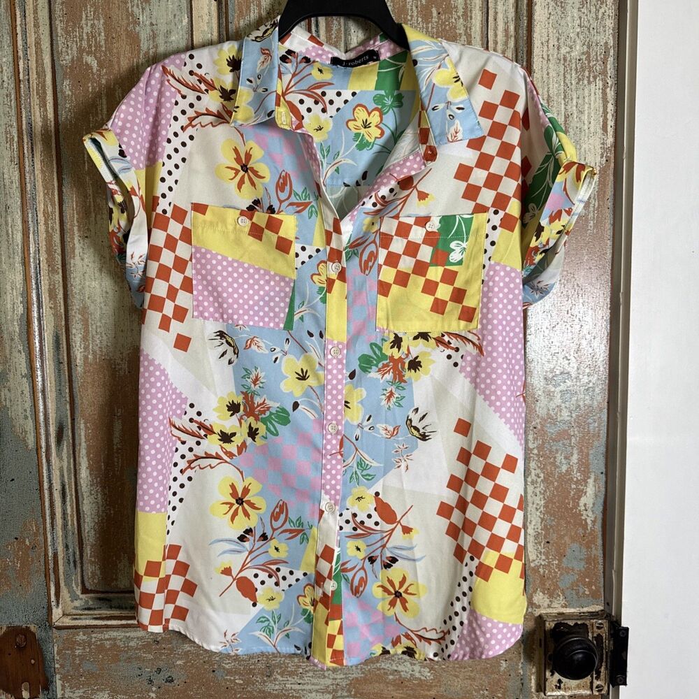 J. Robert’s Women’s Short Sleeved L Blouse Patchwork Style